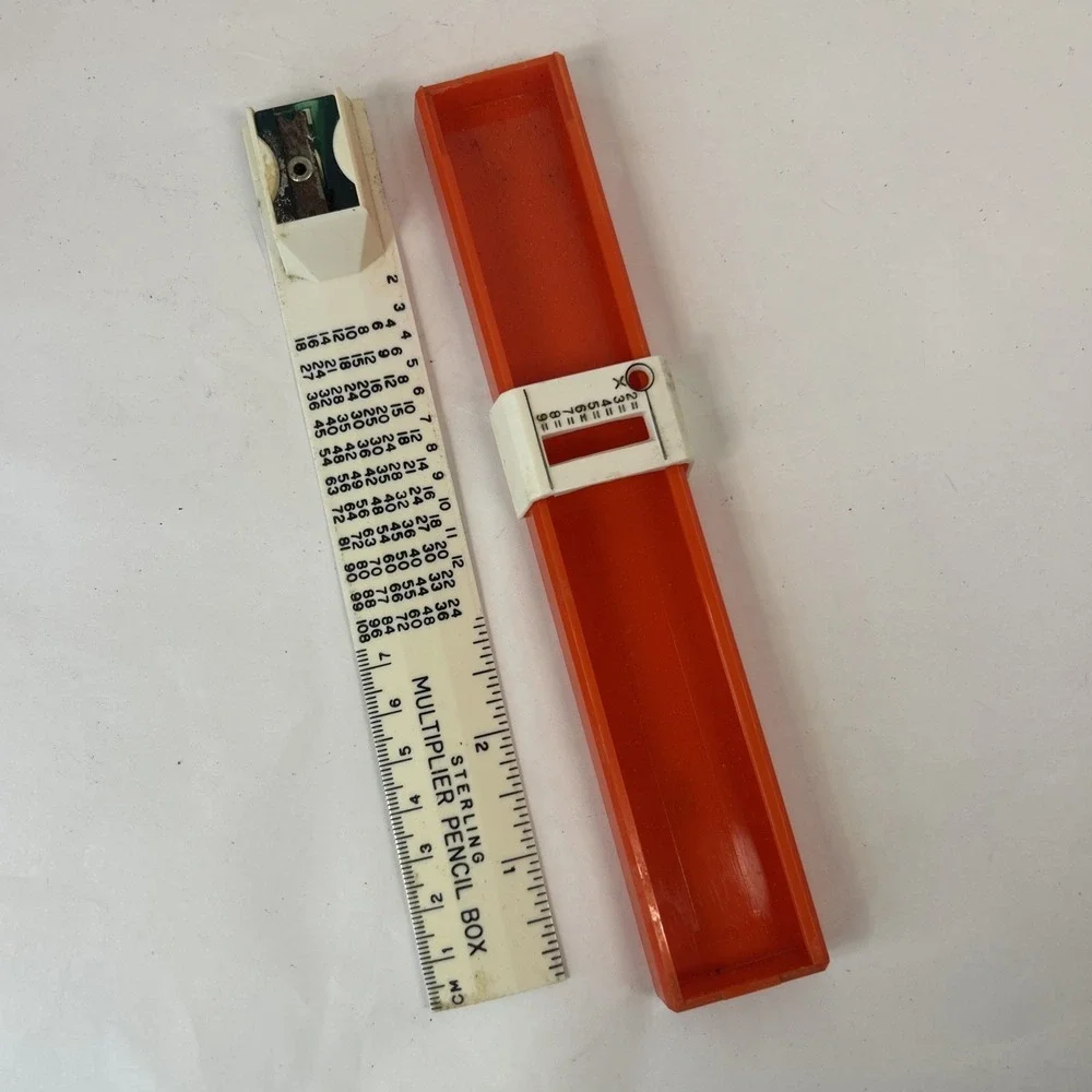 Vintage Multiplier Pencil Box, Sharpener & Ruler, Red White Read